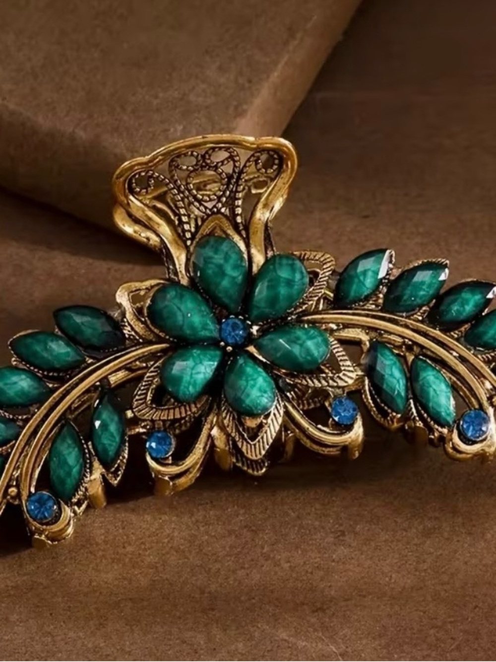 Gold-Tone Floral Hair Clip with Imitation Turquoise Stones